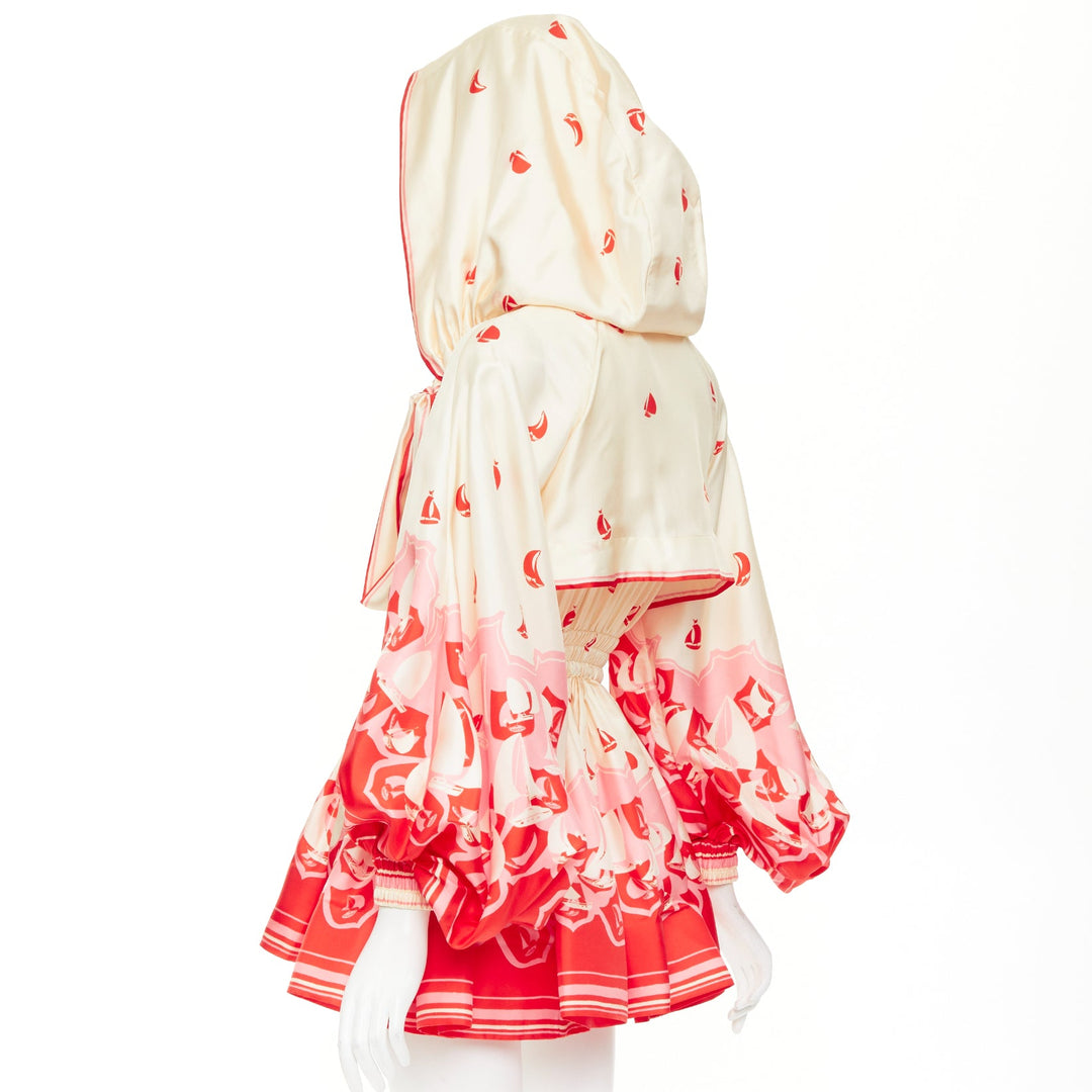 ZIMMERMANN 2023 High Tide printed silk twill cape hooded mini dress Sz.0 XS