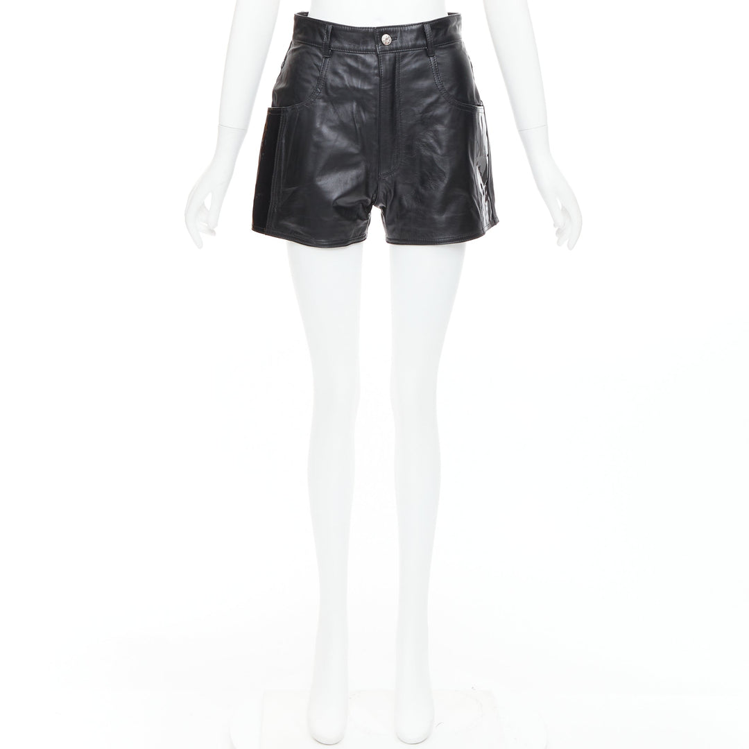 MANOKHI black genuine leather patent patch high waisted shorts FR34 XS