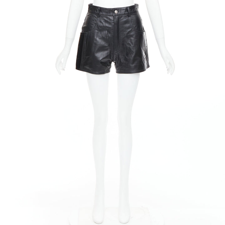 MANOKHI black genuine leather patent patch high waisted shorts FR34 XS