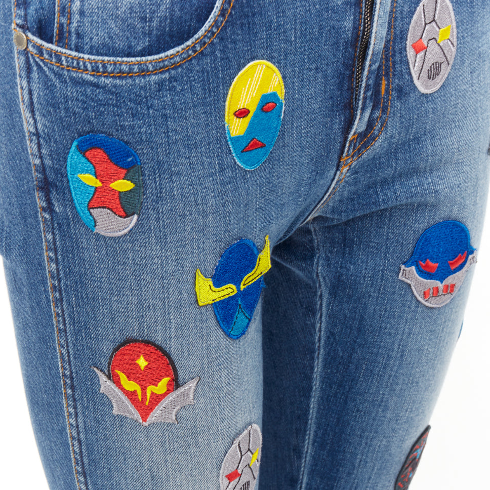 STELLA MCCARTNEY 2014 yellow blue superhero patch cropped jeans 25"