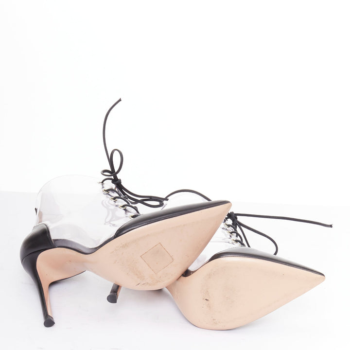 GIANVITO ROSSI clear PVC clear black leather toe cap lace up ankle booties EU36