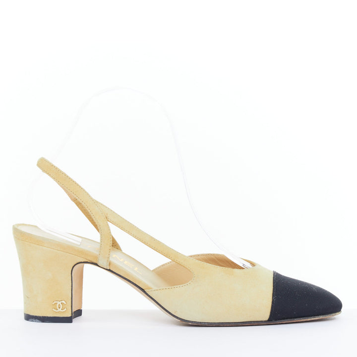 CHANEL Runway beige suede black grosgrain cap toe slip on slingback pumps EU38