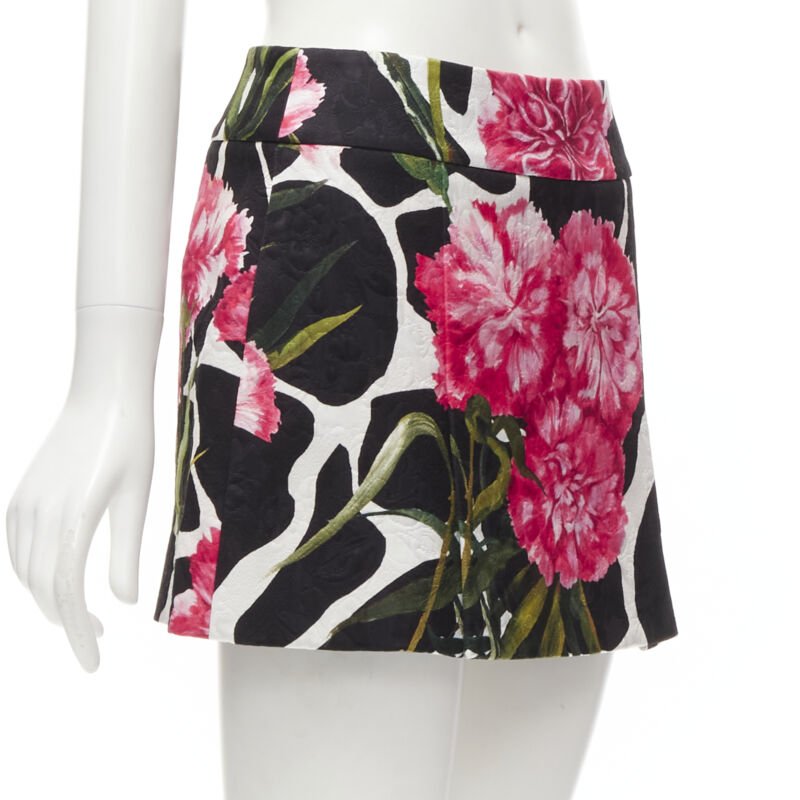 DOLCE GABBANA black pink carnation floral print jacquard mini skirt IT38 XS