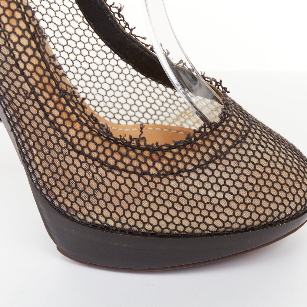LANVIN 2011 Runway black fishnet mesh ankle harness pin platform heels EU37