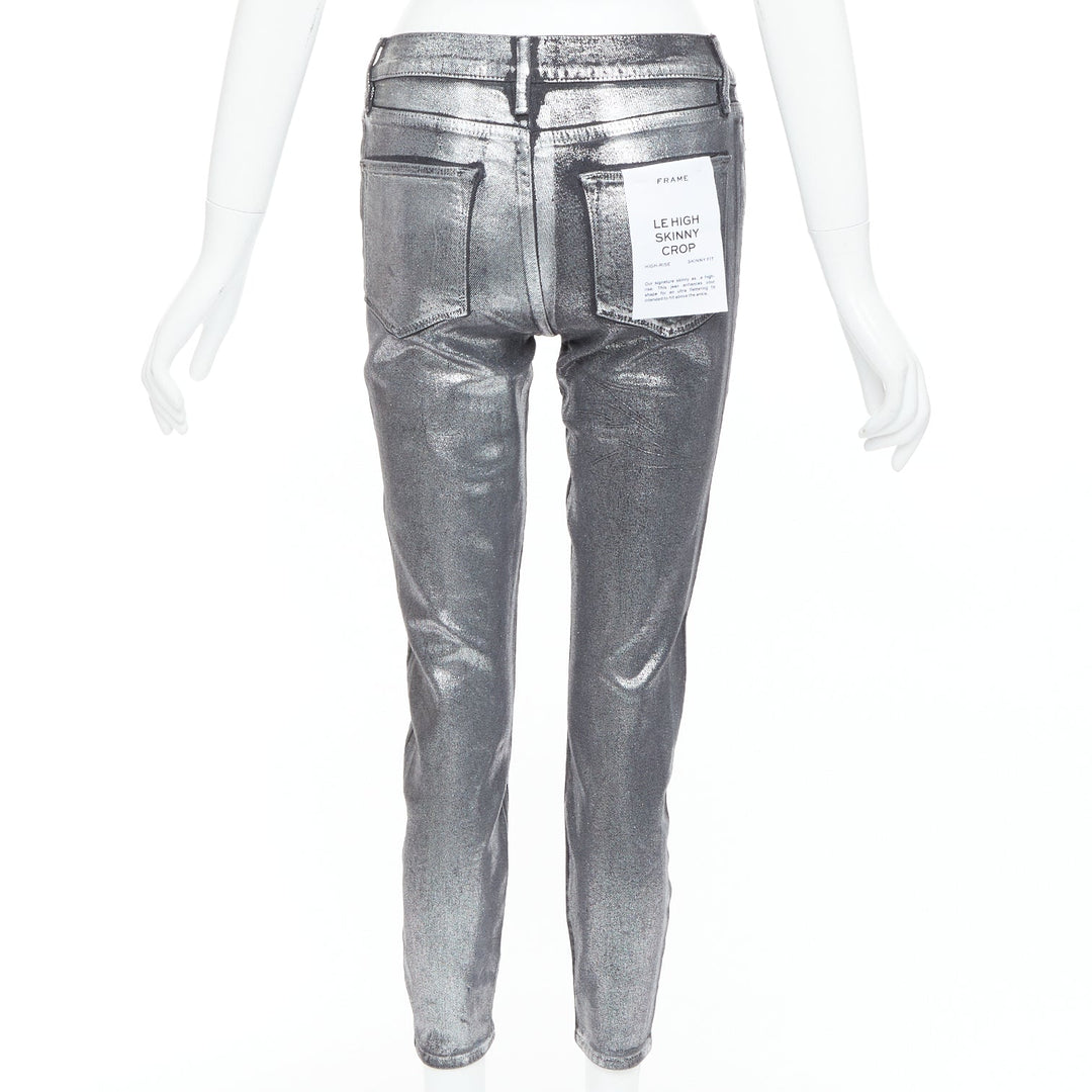 FRAME Le High Skinny Crop metallic silver coated pants 24"