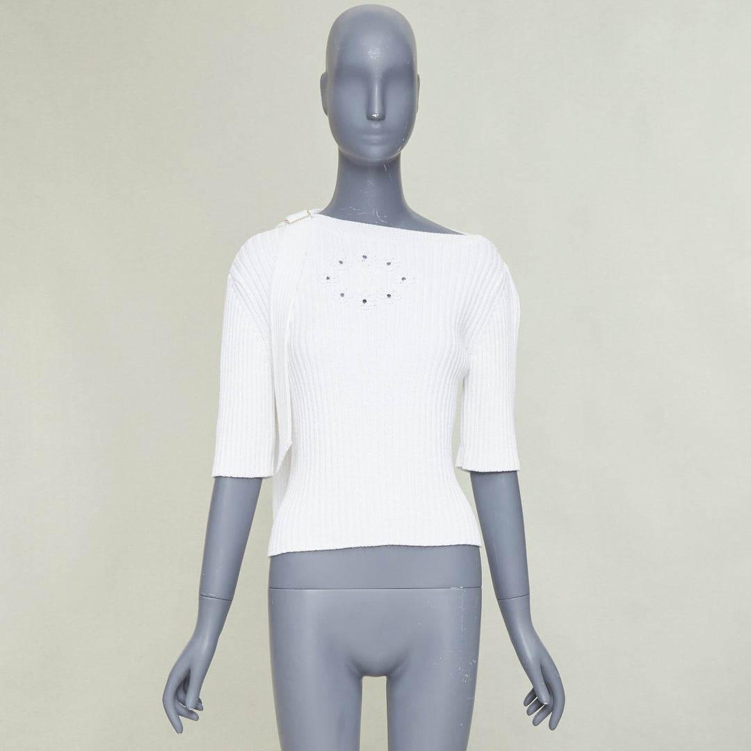 CHANEL white ribbed cotton knit CC logo buckle sash sweater FR36 S