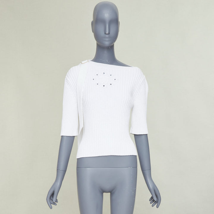 CHANEL white ribbed cotton knit CC logo buckle sash sweater FR36 S
