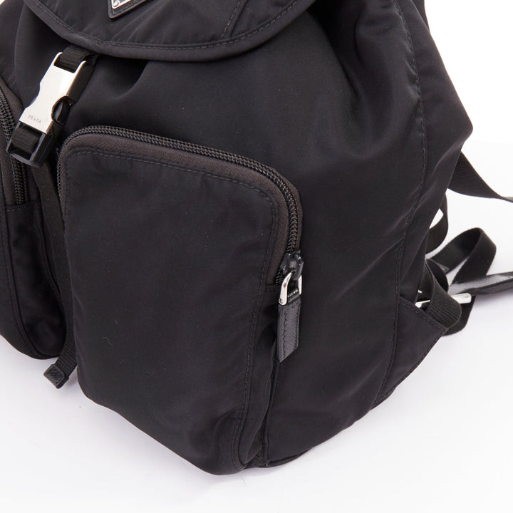PRADA Re-Nylon Technical black silver logo triangle buckle small backpack bag