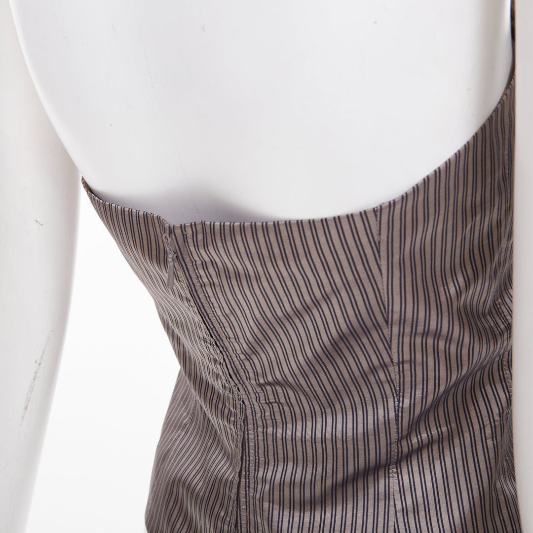 EMPORIO ARMANI Vintage brown pinstripe silk woven strapless bustier top IT38 XS
