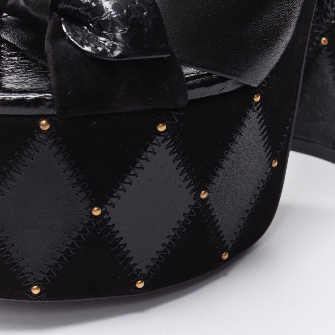 SAINT LAURENT Paige 85 Runway black patchwork stud platform sandals EU38