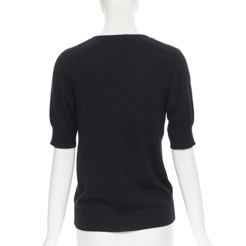 HERMES PARIS signature silk print front black cashmere knit V-neck sweater Fr34