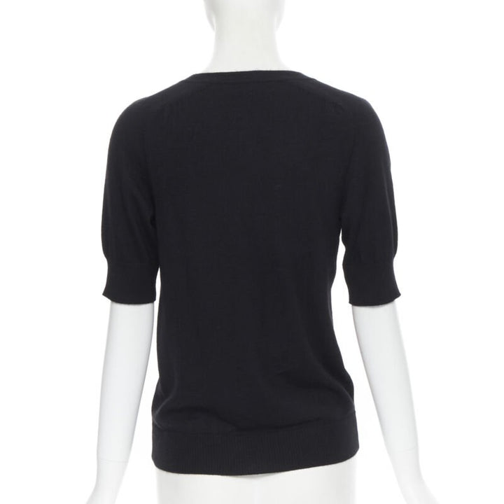 HERMES PARIS signature silk print front black cashmere knit V-neck sweater Fr34