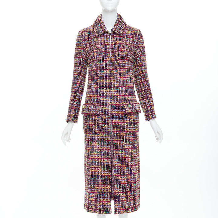CHANEL 2023 Runway pink yellow multicolor tweed  CC button long coat FR36 S