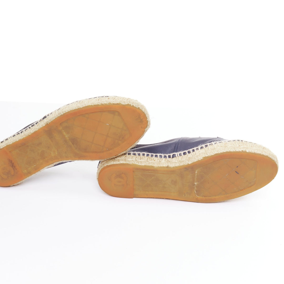 CHANEL navy lambskin leather CC logo applique jute espadrille shoes EU37
