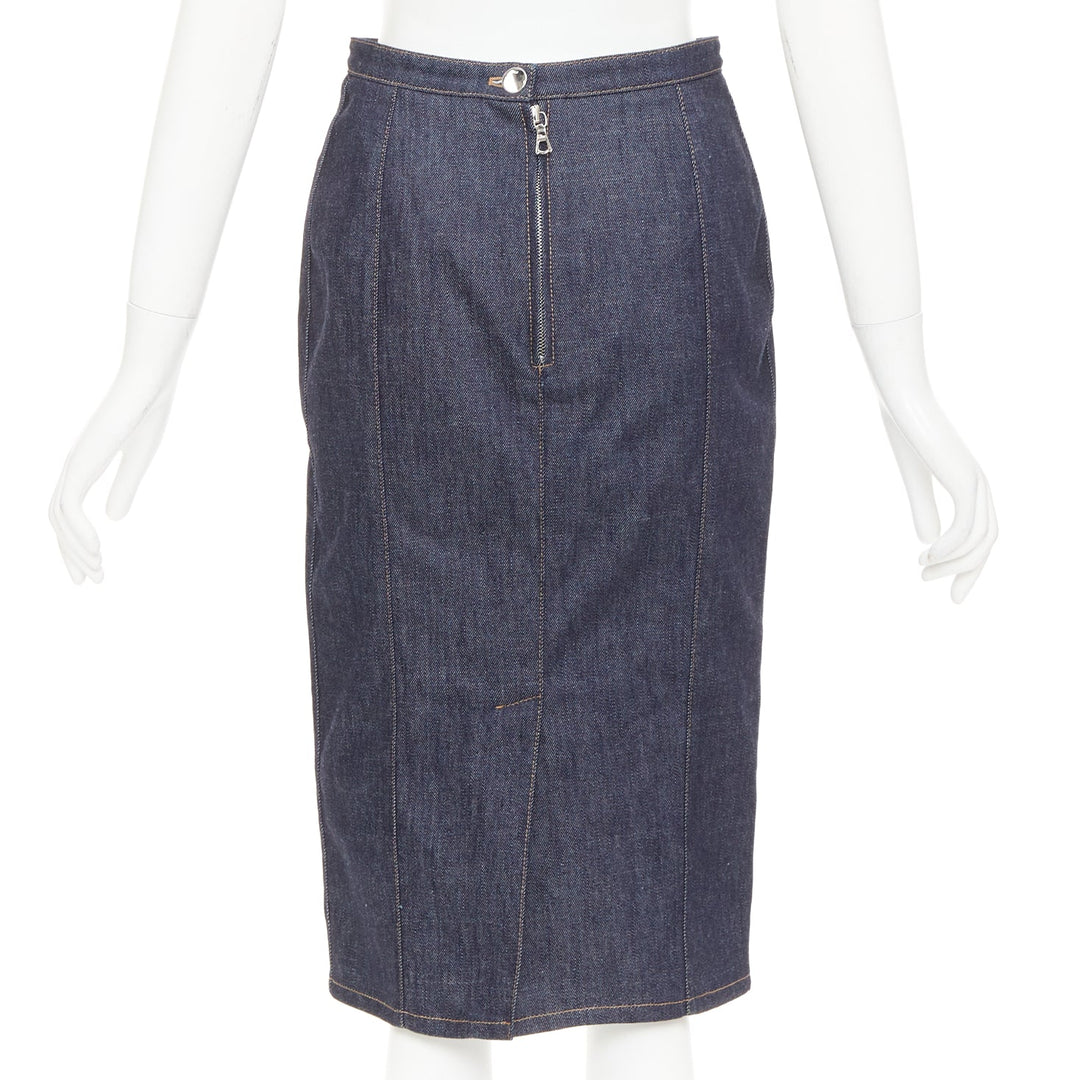 CHRISTIAN DIOR indigo blue denim glass metal bead embellished midi skirt FR36 S