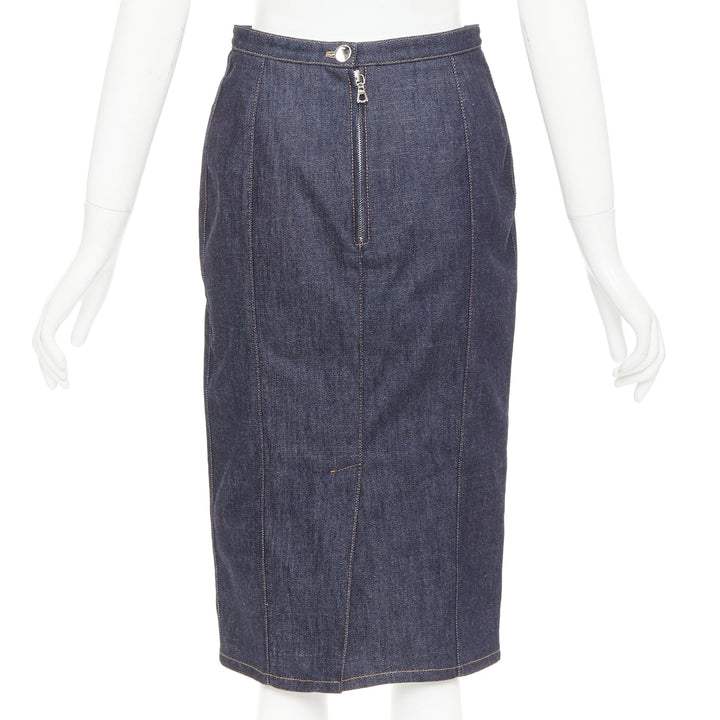 CHRISTIAN DIOR indigo blue denim glass metal bead embellished midi skirt FR36 S