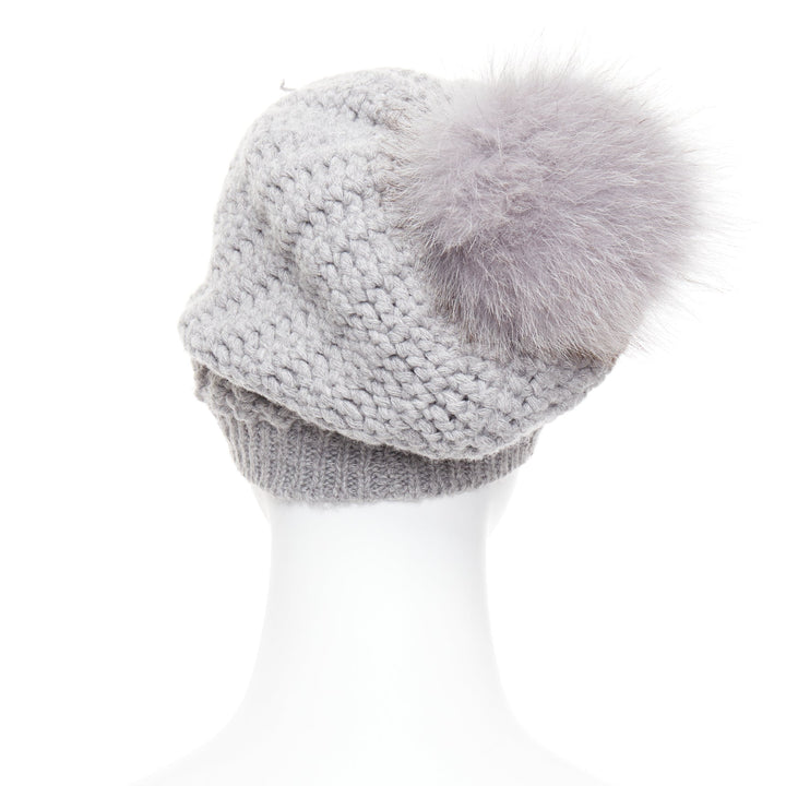 MONCLER grey fur pom pom cream logo heavy knit beanie hat