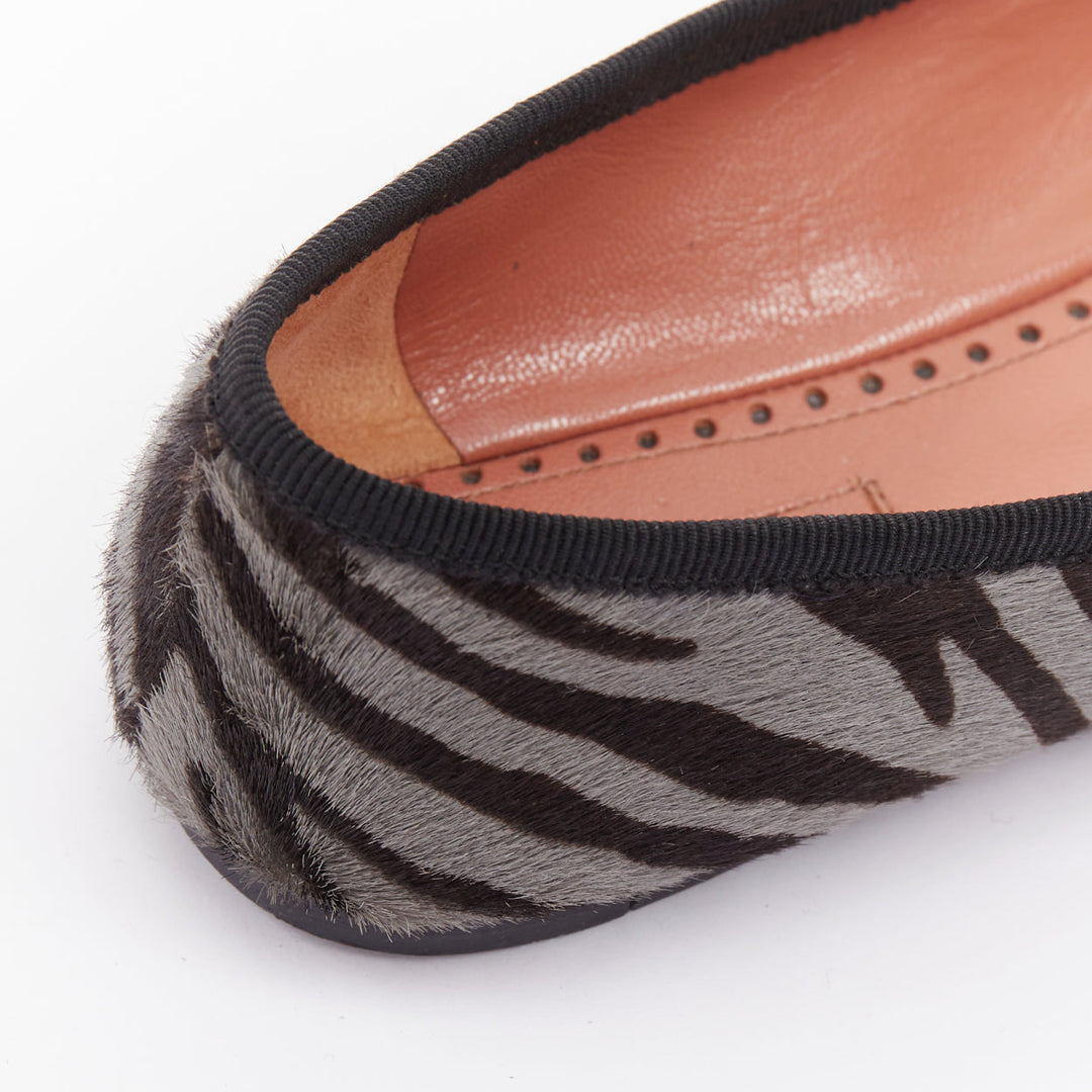 ALAIA grey black calf hair zebra print black grosgrain bow ballet flats EU37