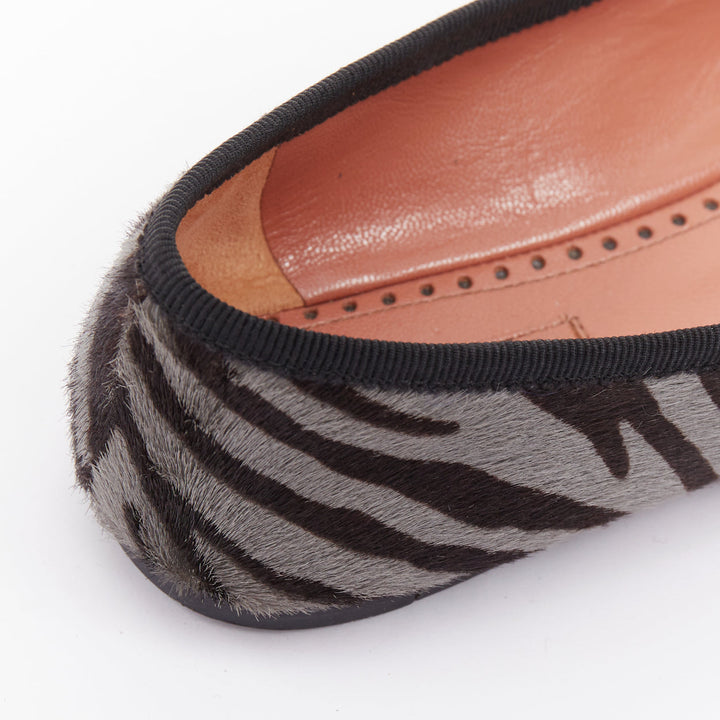 ALAIA grey black calf hair zebra print black grosgrain bow ballet flats EU37
