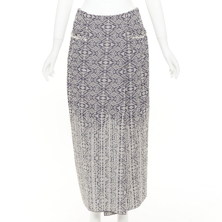 CHANEL 2014 blue cream CC geometric diamond jacquard frayed wrap skirt FR40 L
