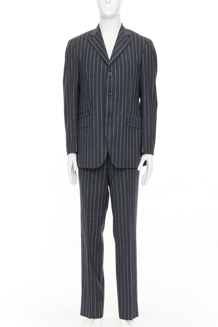 ETRO grey blue pinstripe 100% wool single breasted blazer jacket IT50 L