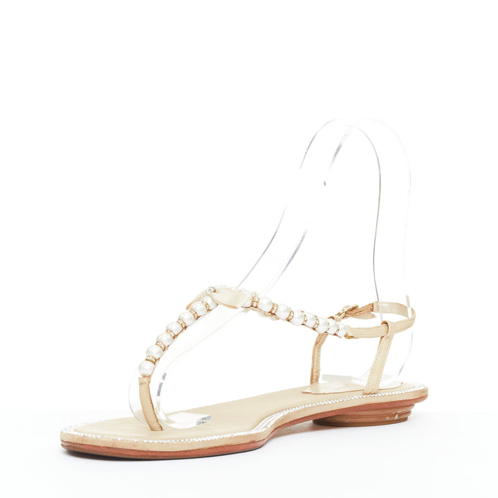 RENE CAOVILLA cream bow faux pearl tstrap strass trim flat sandals EU36