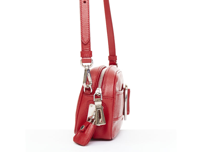 PRADA 2011 Runway Saffiano Buckle Camera red leather silver buckle crossbody bag