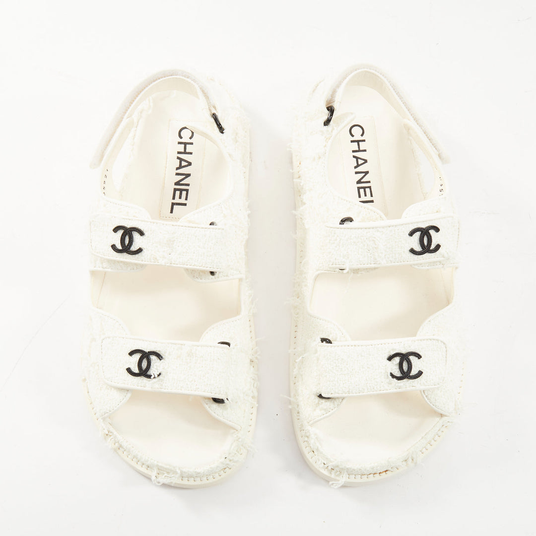 CHANEL 2021 frayed white tweed CC hook and loop open toe dad sandals EU37.5C