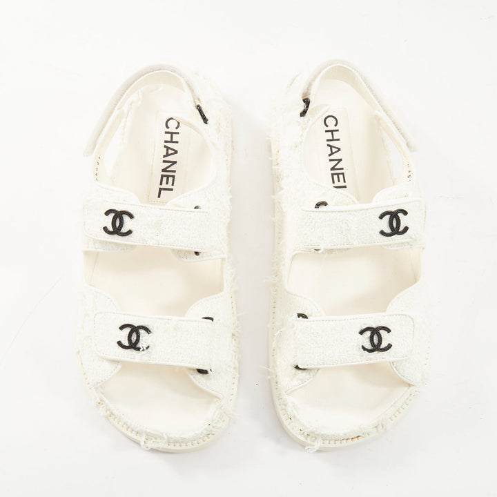 CHANEL 2021 frayed white tweed CC hook and loop open toe dad sandals EU37.5C