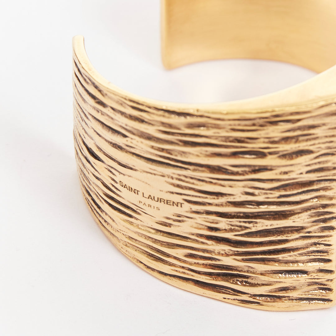 SAINT LAURENT aged gold tone bark wood textured square cuff bangle manchette