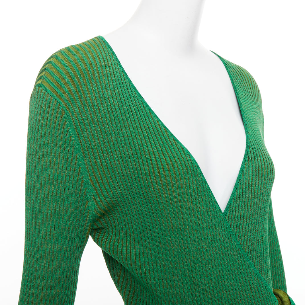 DIANE VON FURSTENBERG green ribbed deep V long wrap dress S