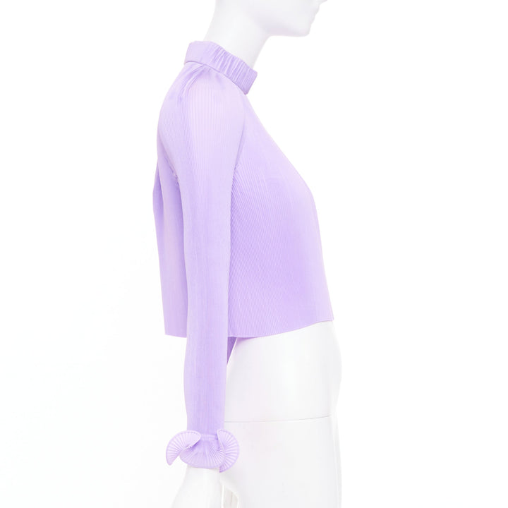 TIBI plisse lilac high neck pleated sleeve cropped cocktail top XS