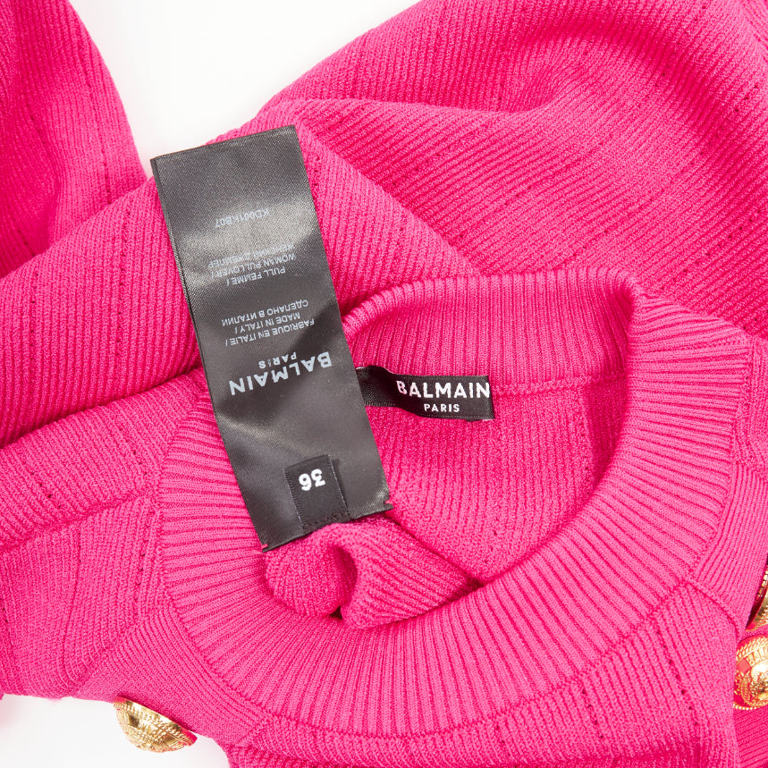 BALMAIN 2022 hot fuschia pink viscose gold buttons ribbed crew sweater FR36 S