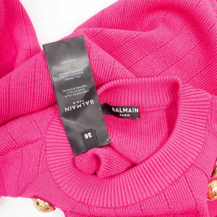 BALMAIN 2022 hot fuschia pink viscose gold buttons ribbed crew sweater FR36 S
