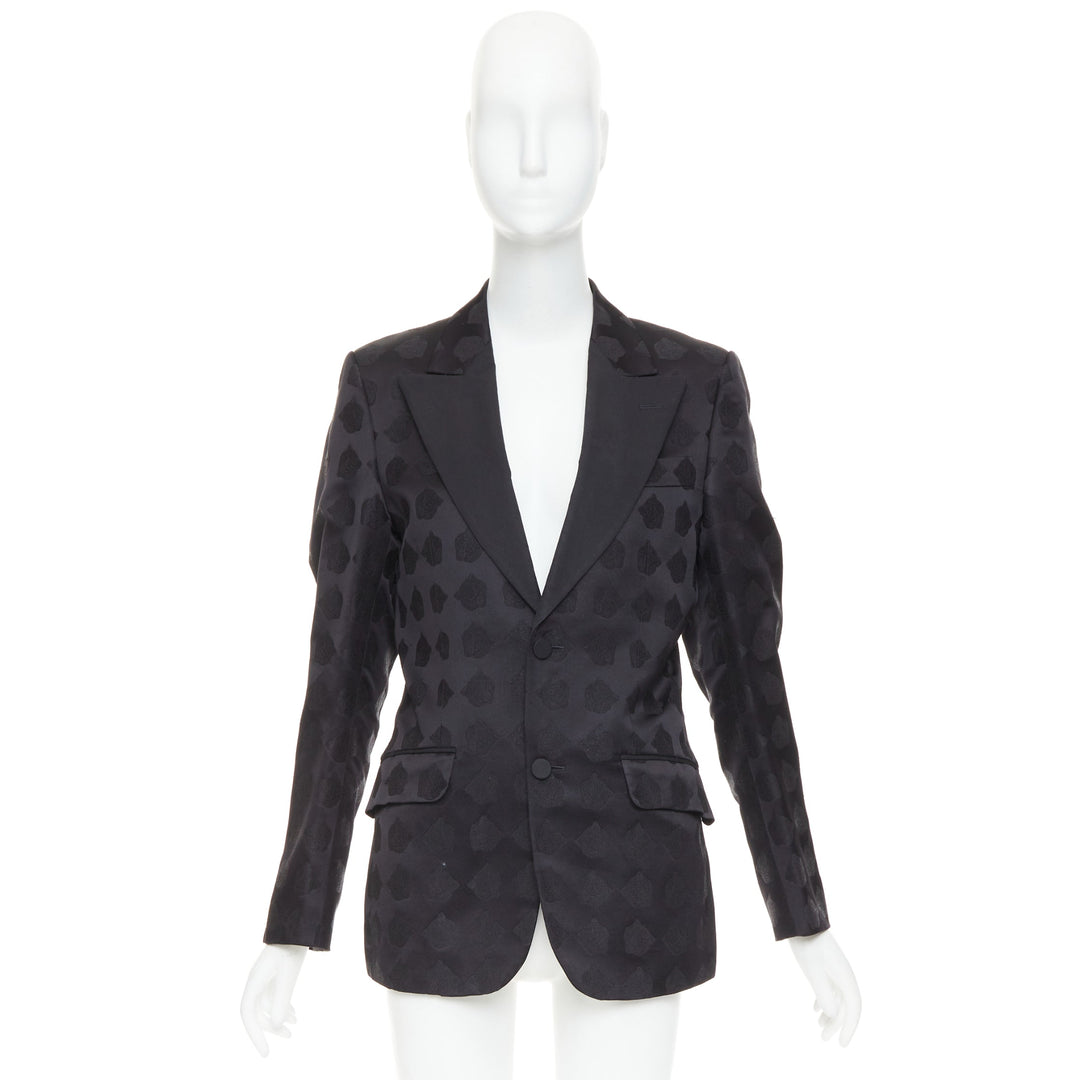 GUCCI black silk jacquard Tiger Hollywood applique tuxedo blazer IT44 XS