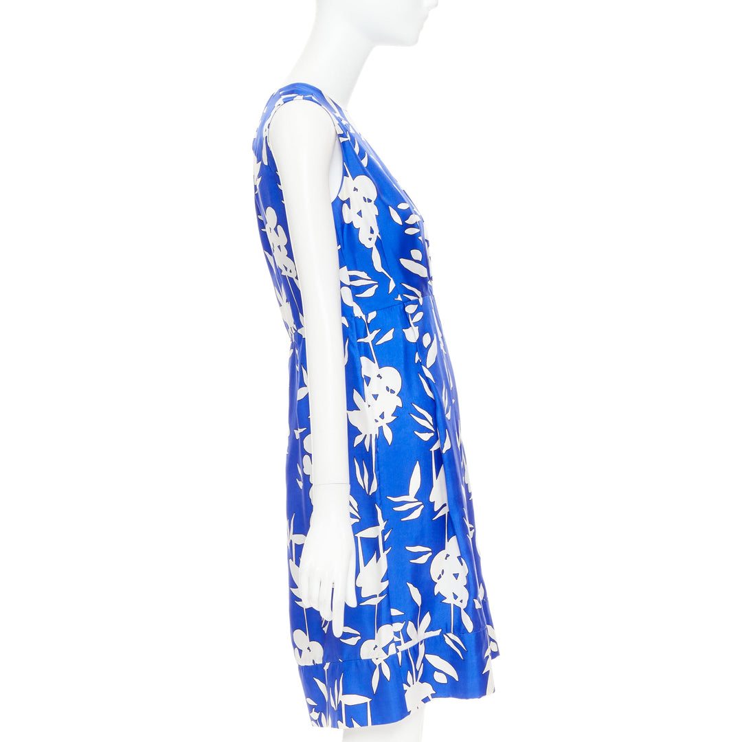 MARNI eletric blue white 100% silk abstrct floral pleated sheath dress IT42 M