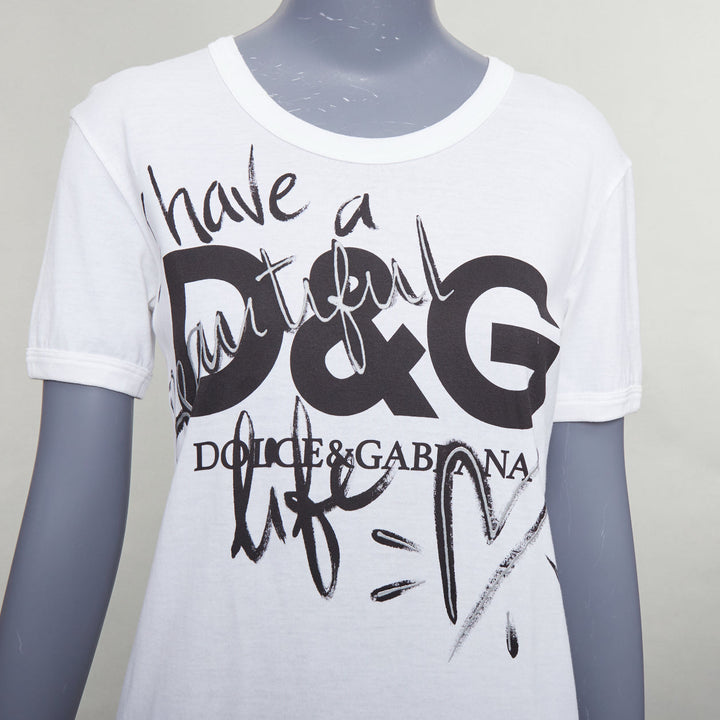 DOLCE GABBANA white cotton Beautiful D&G Life print tshirt IT36 XS