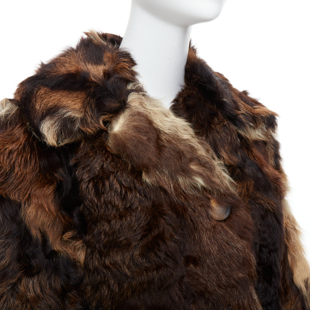 FRYLANE PARIS mixed texture brown genuine fur large button front leather coat
