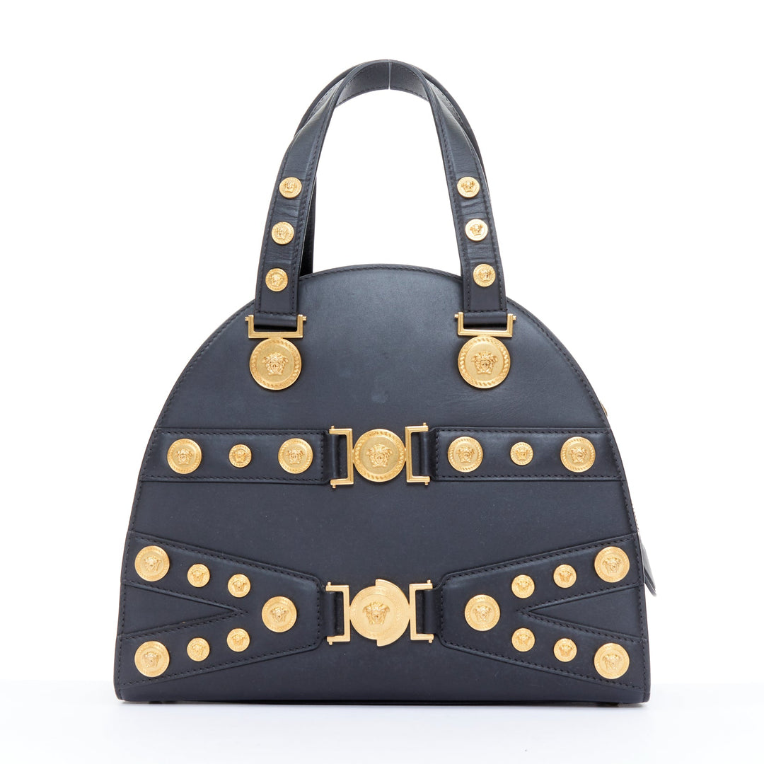 VERSACE 2018 Runway Tribute Medallion bondage black leather bowling bag