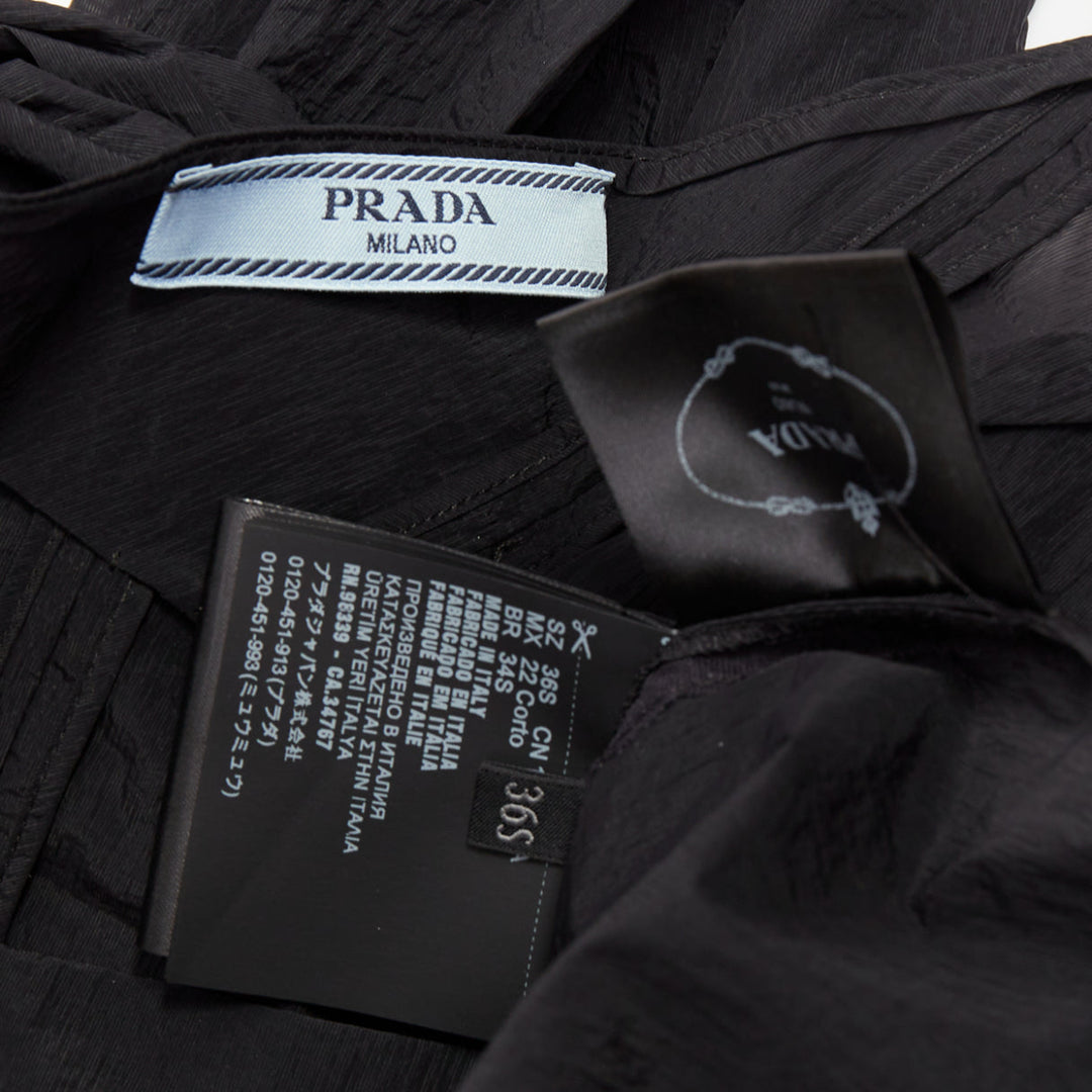 PRADA 2023 Runway black crinkled Re-Nylon crepe rosette draped slip gown IT38 XS