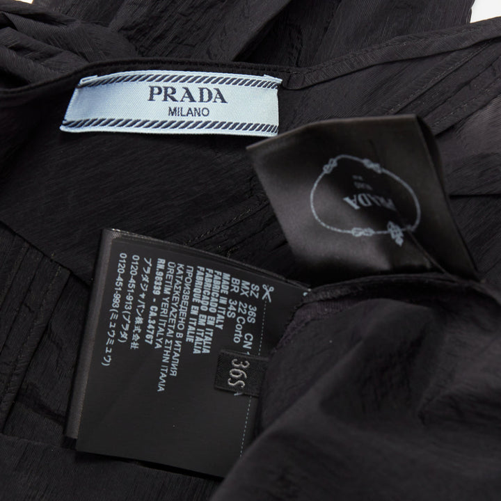 PRADA 2023 Runway black crinkled Re-Nylon crepe rosette draped slip gown IT38 XS