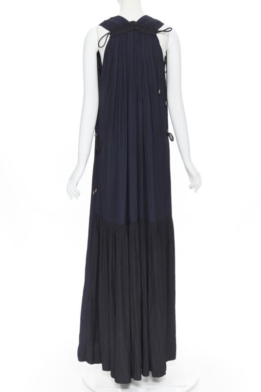 LANVIN ALBER ELBAZ midnight blue black pleated tie detail maxi dress FR34 XS