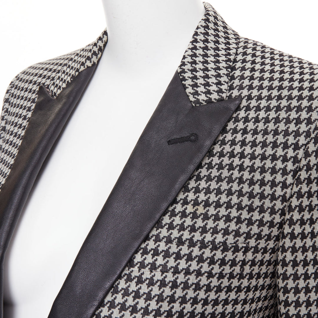 SAINT LAURENT 2013 leather peak lapel grey black houndstooth blazer FR34 XS