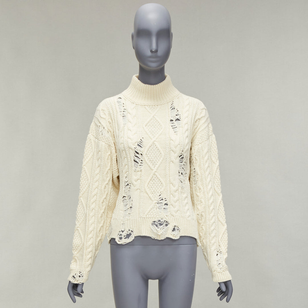 MIHARA YASUHIRO cream acrylic wool distressed cable knit pullover sweater FR36