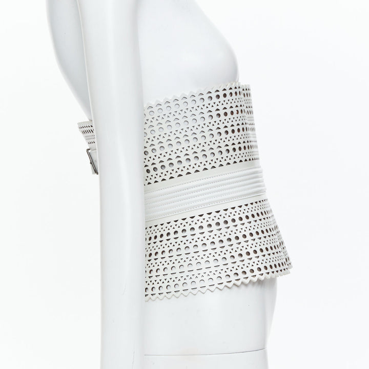 ALAIA Runway Le Corset Vienne laser cut white calfskin leather belt 65cm
