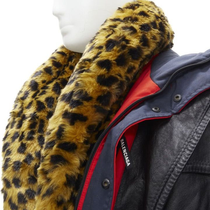 BALENCIAGA 2018 Ruway Triple Faux Layering black leather leopard fur coat XL