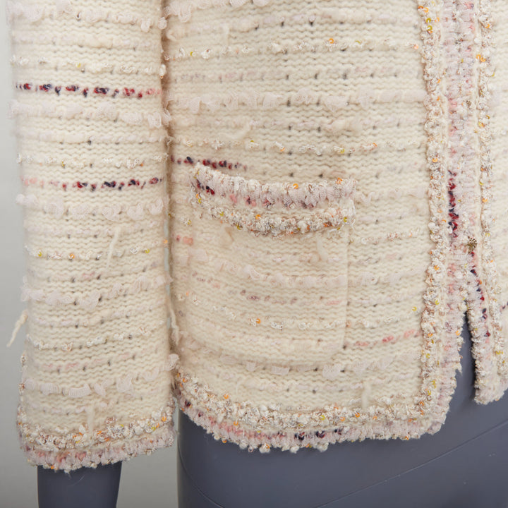 CHANEL 05A cream pink wool boucle tweed gold CC buttons cardigan FR38 M