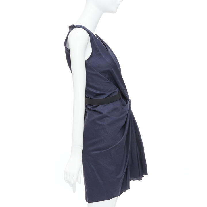 LANVIN 2010 navy ramie cotton drape black belted mini dress FR36 S