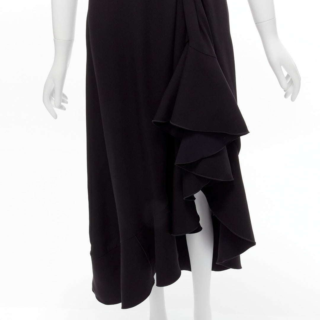 DION LEE black silk one shoulder drape front asymmetric ruffle dress AUS10 M