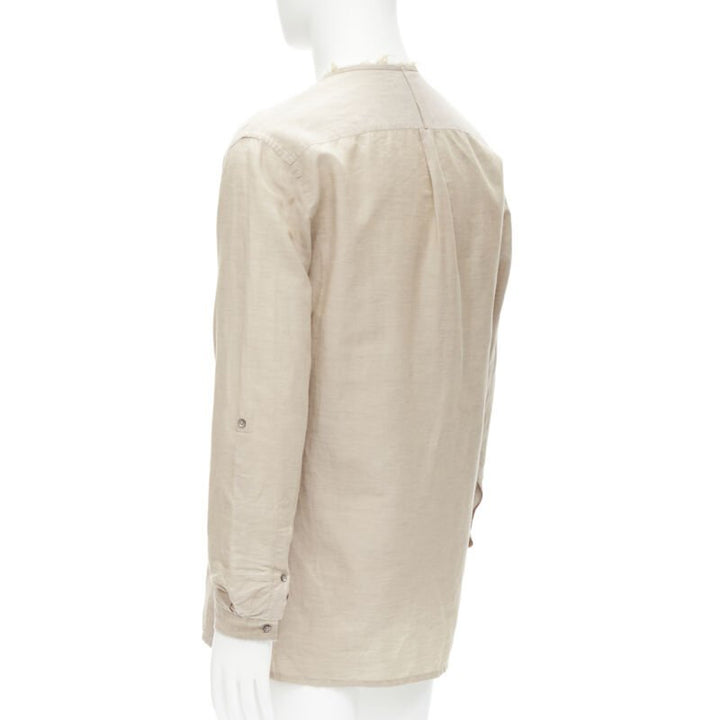 FENDI beige linen cotton raw frayed half button long sleeve shirt EU40 L